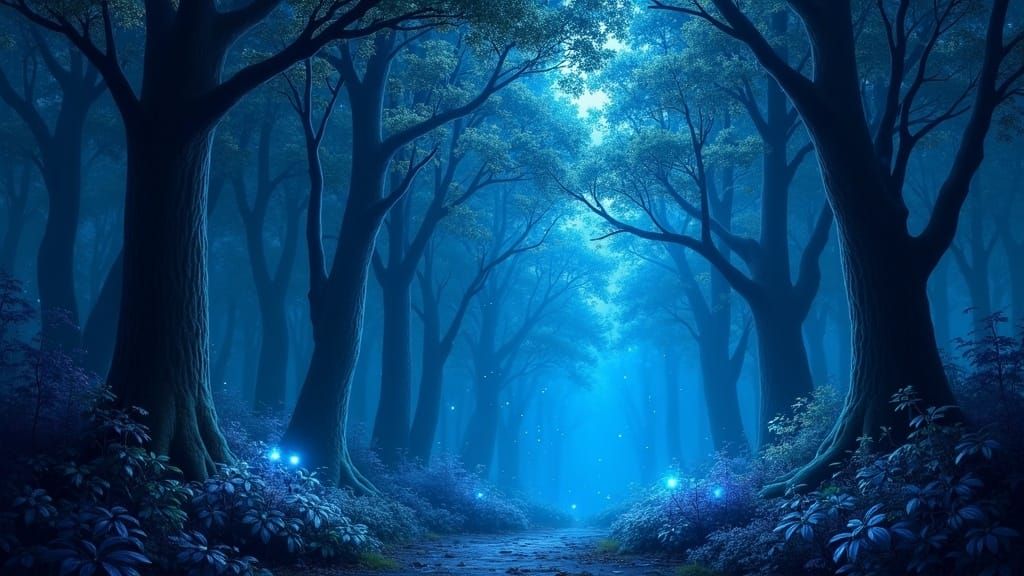 Mystical Forest at Night with Glowing Glass Leaves