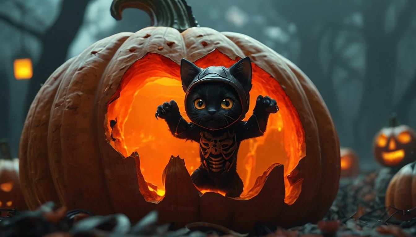 Kitten in Skeletal Mask Jumping from Pumpkin