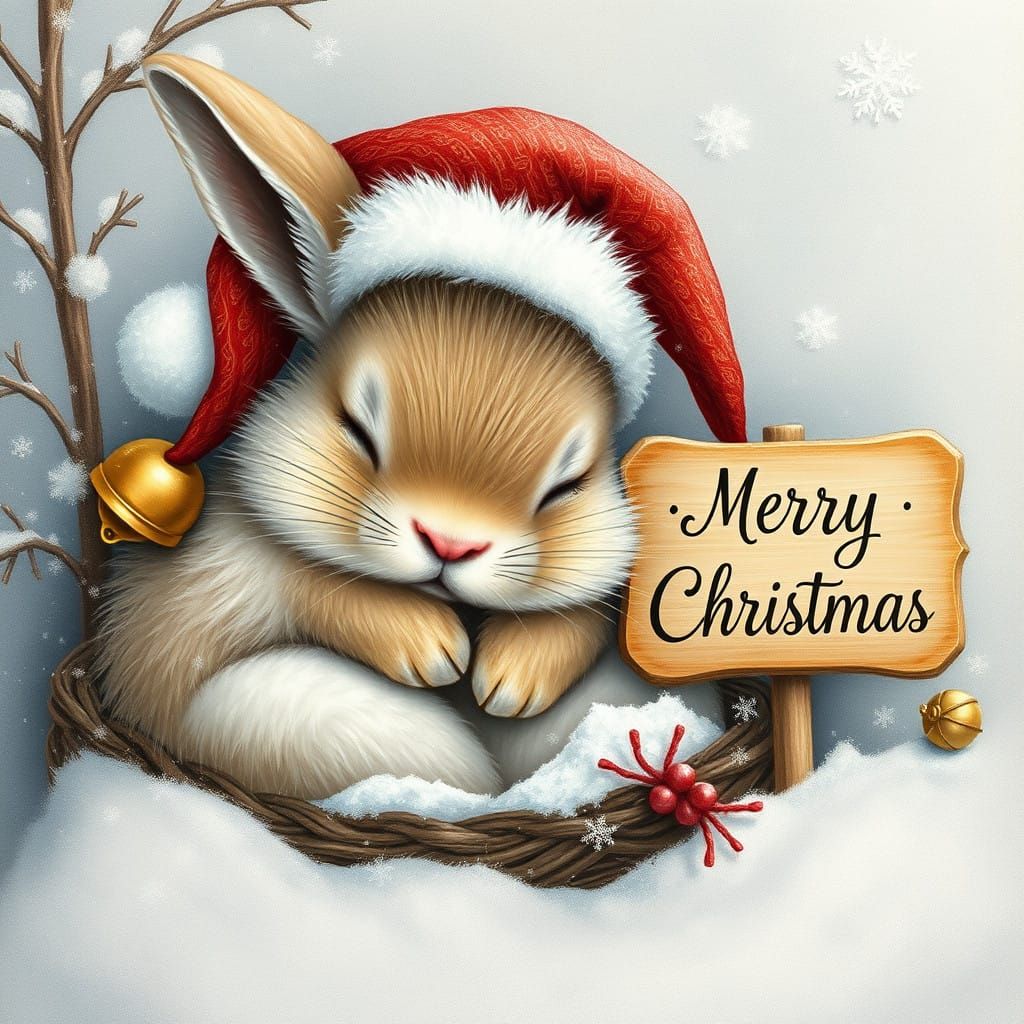 Whimsical Winter Wonderland with a Fluffy Bunny in Santa Hat