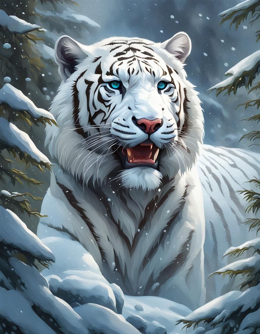 Lush White Snow Tiger in Winter Forest: Oil Painting