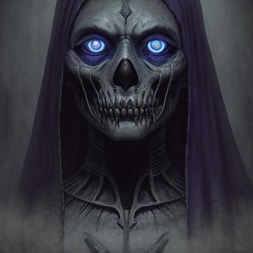 A mummy standing up with glowing eyes inside the King's Chamber in the Great Pyramid of Giza. The chamber is plain with ...