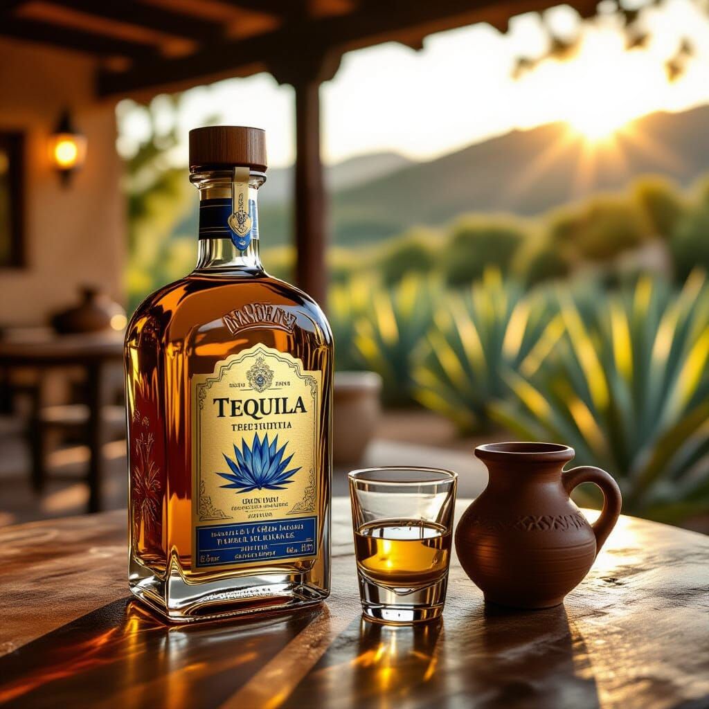 Premium Tequila Bottle in Warm Sunlight, Photorealistic Styl...