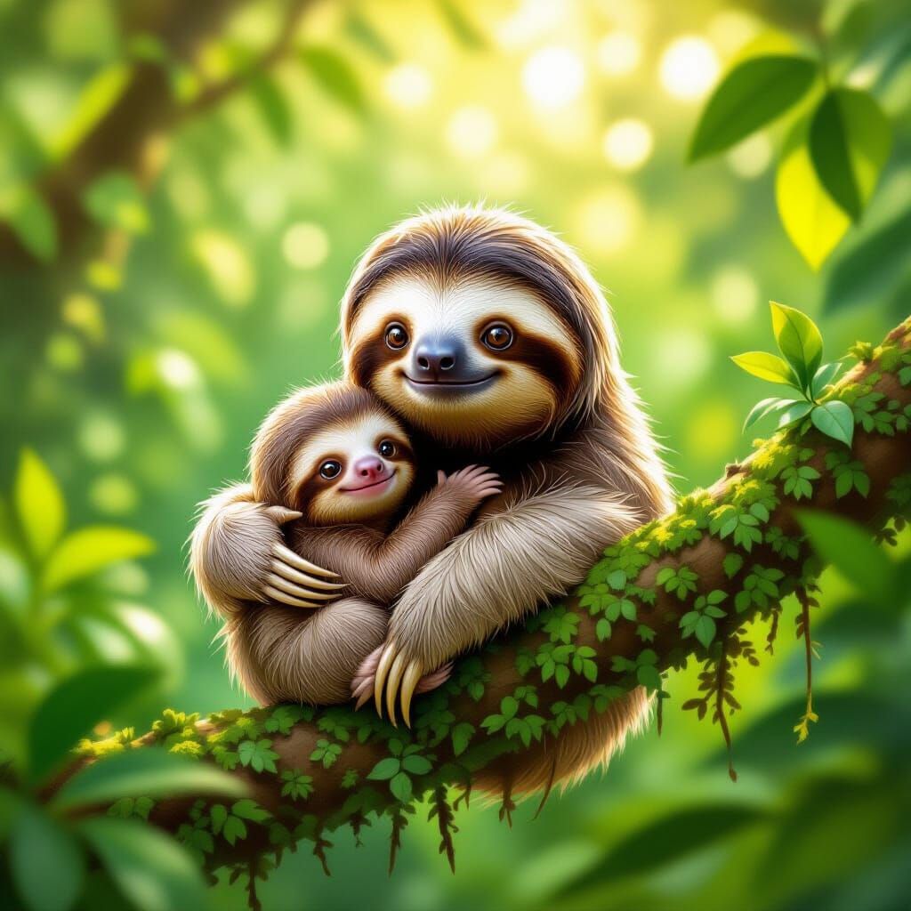 Mother and Baby Sloth in Lush Jungle Clearing Illustration