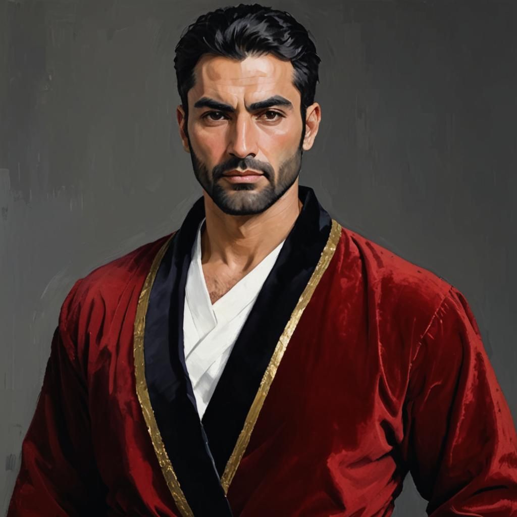 Expressive Portrait of Man in Velvet Bathrobes as Impasto Pa...