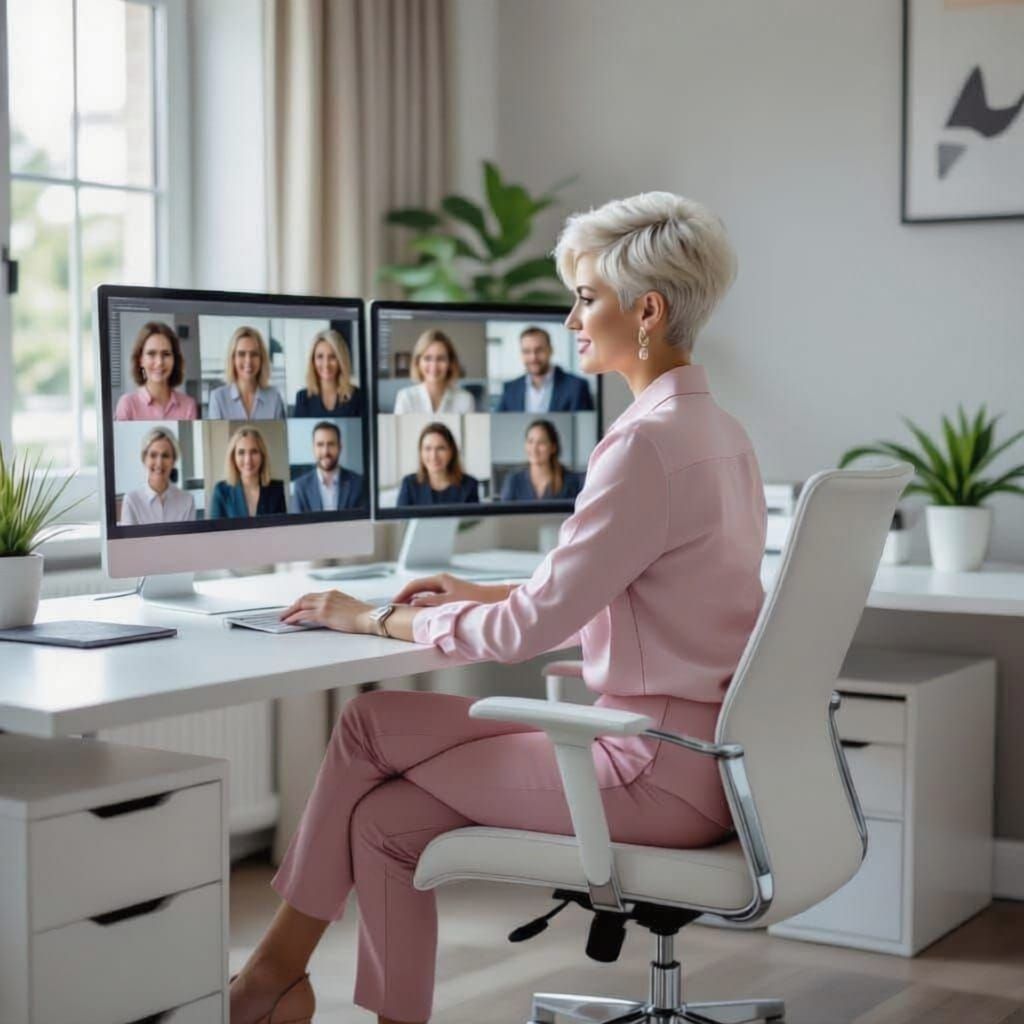 Woman Leads Screen Conference in Modern Office