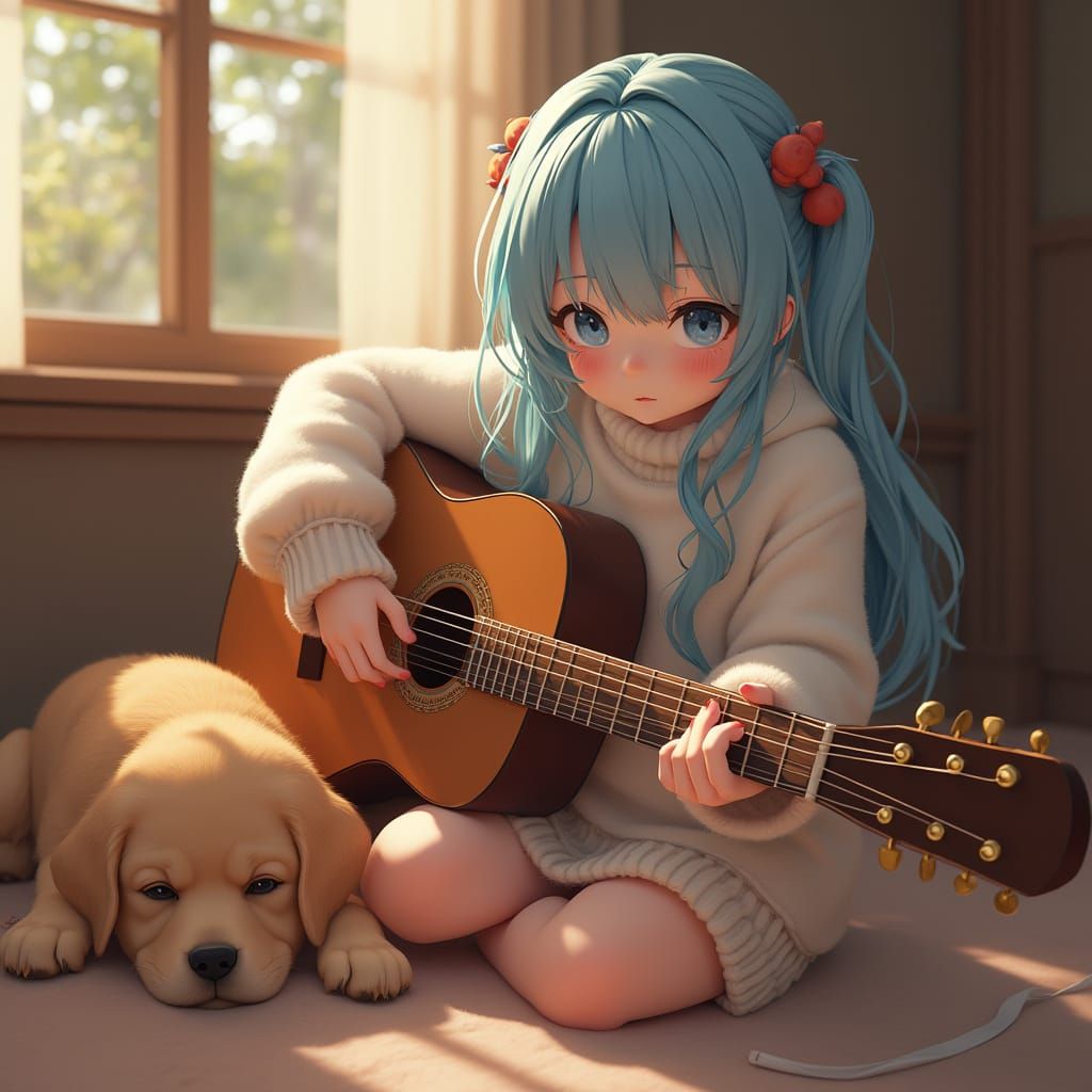 Girl with Guitar in 3D Anime Style
