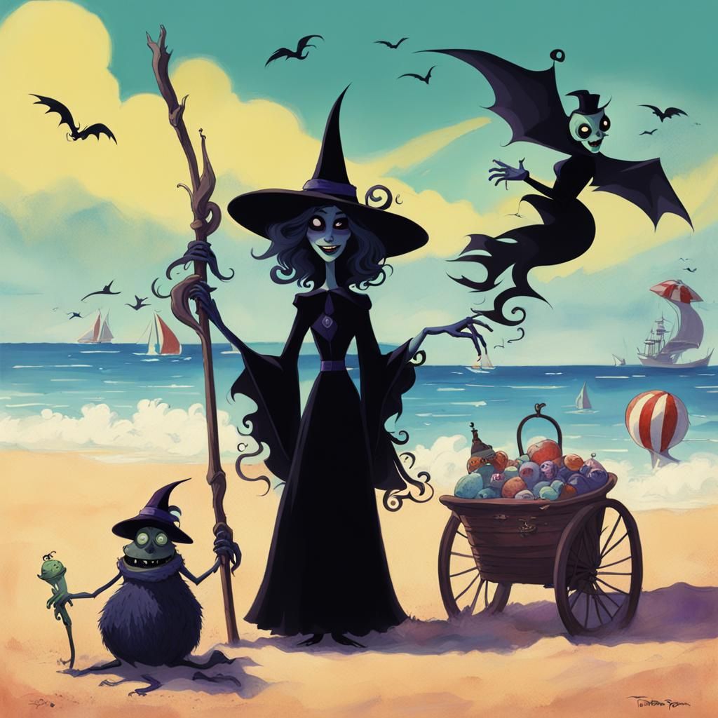 Witch on Vacation: Dark Fantasy Beach Scene