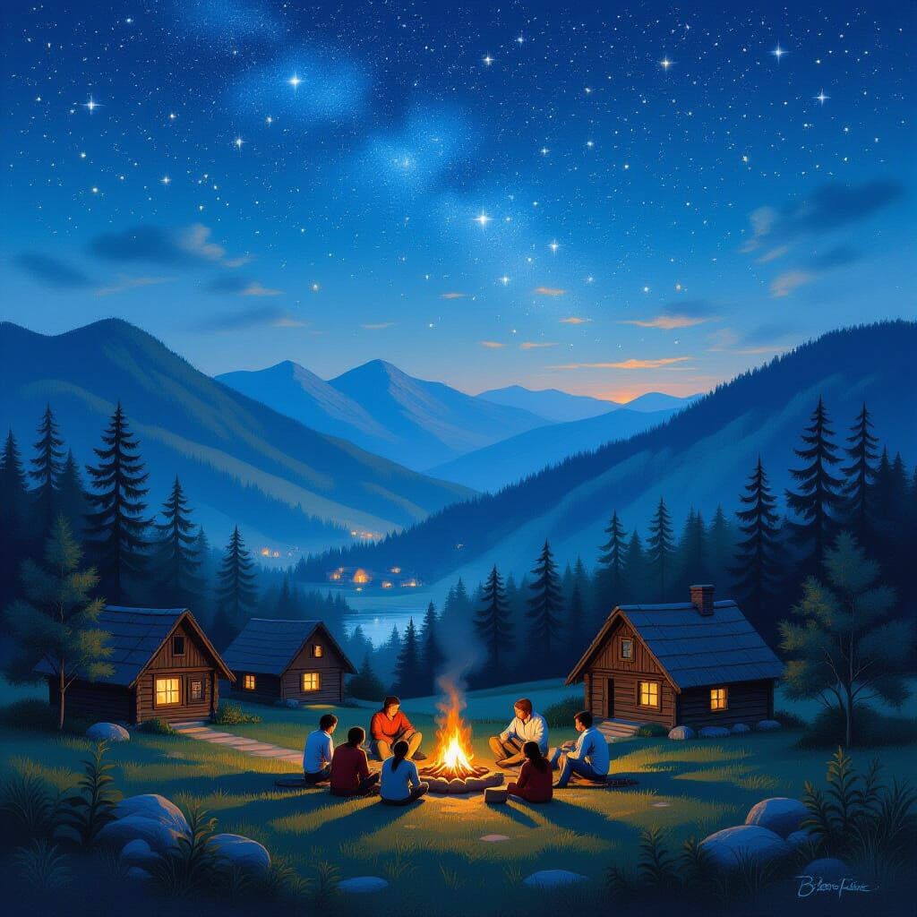 Serene Village Under Starry Night Sky