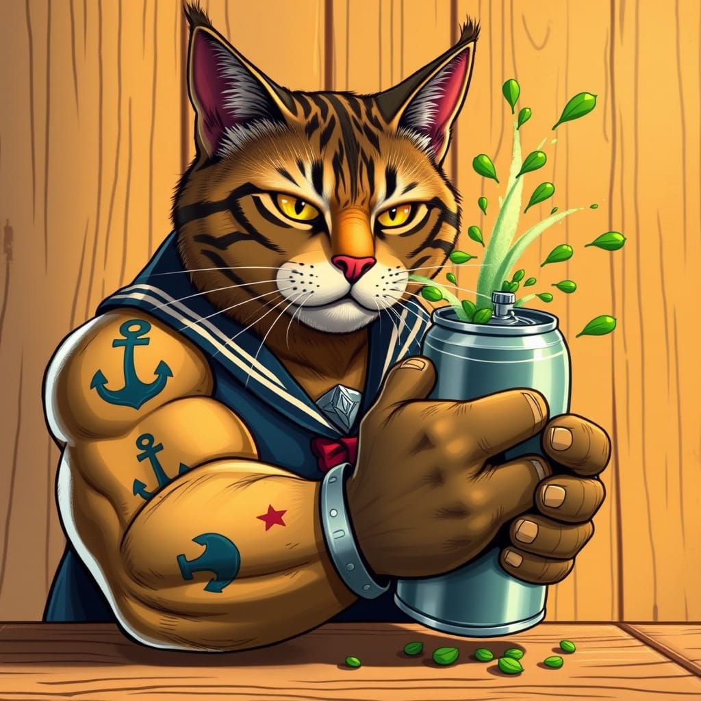 Futuristic Sailor Cat with Vibrant Tattoos and Catnip Founta...