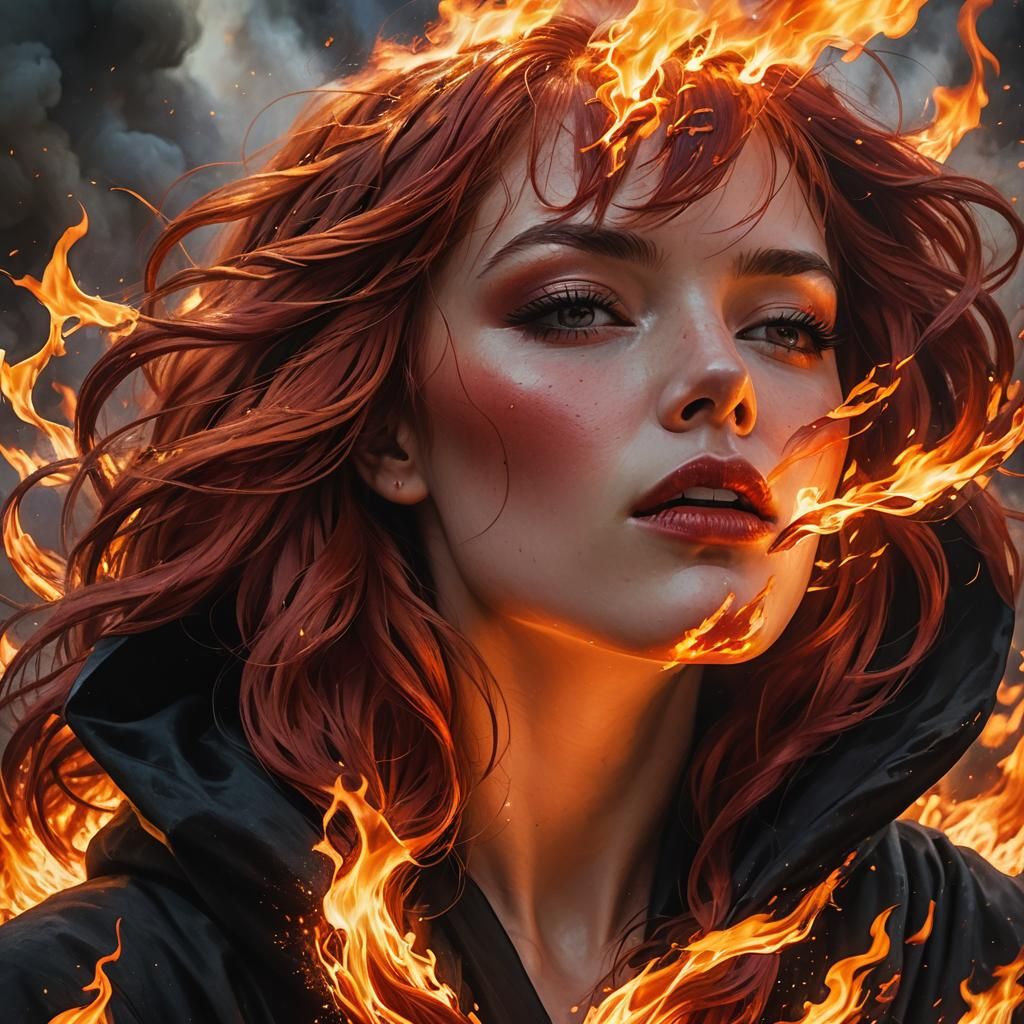 Passionate Woman Embraces Flames in Burning Village