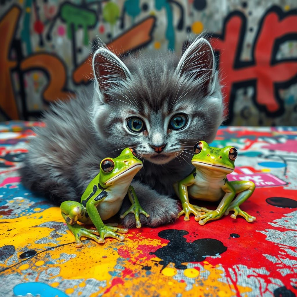 Vibrant Gray Kitten and Green Frog in Urban Street Art Scene