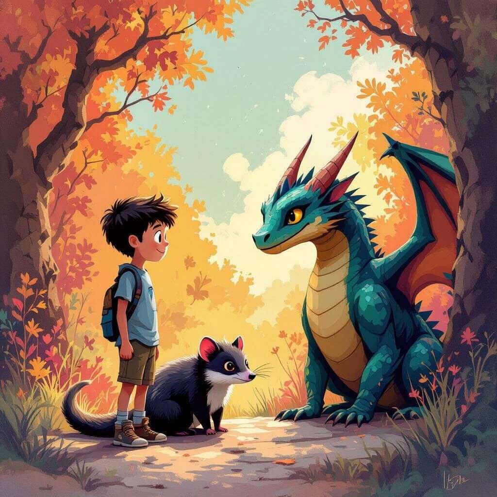Boy, Possum, and Dragon in Whimsical Scene