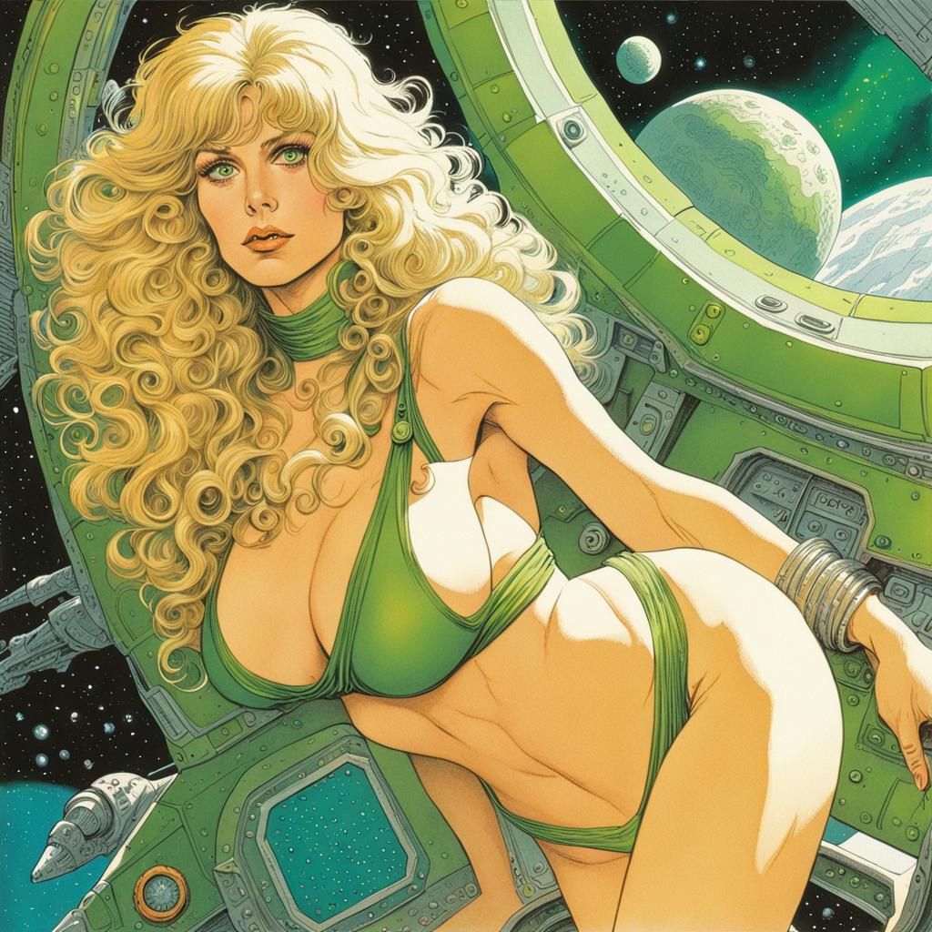 Barbarella in Spaceship, French Comic Art Style