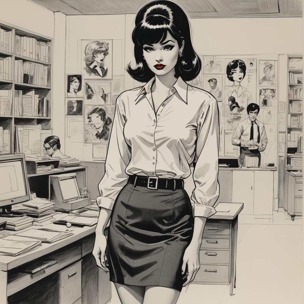 Elegant 1960s Schoolgirl in Line Drawing Style