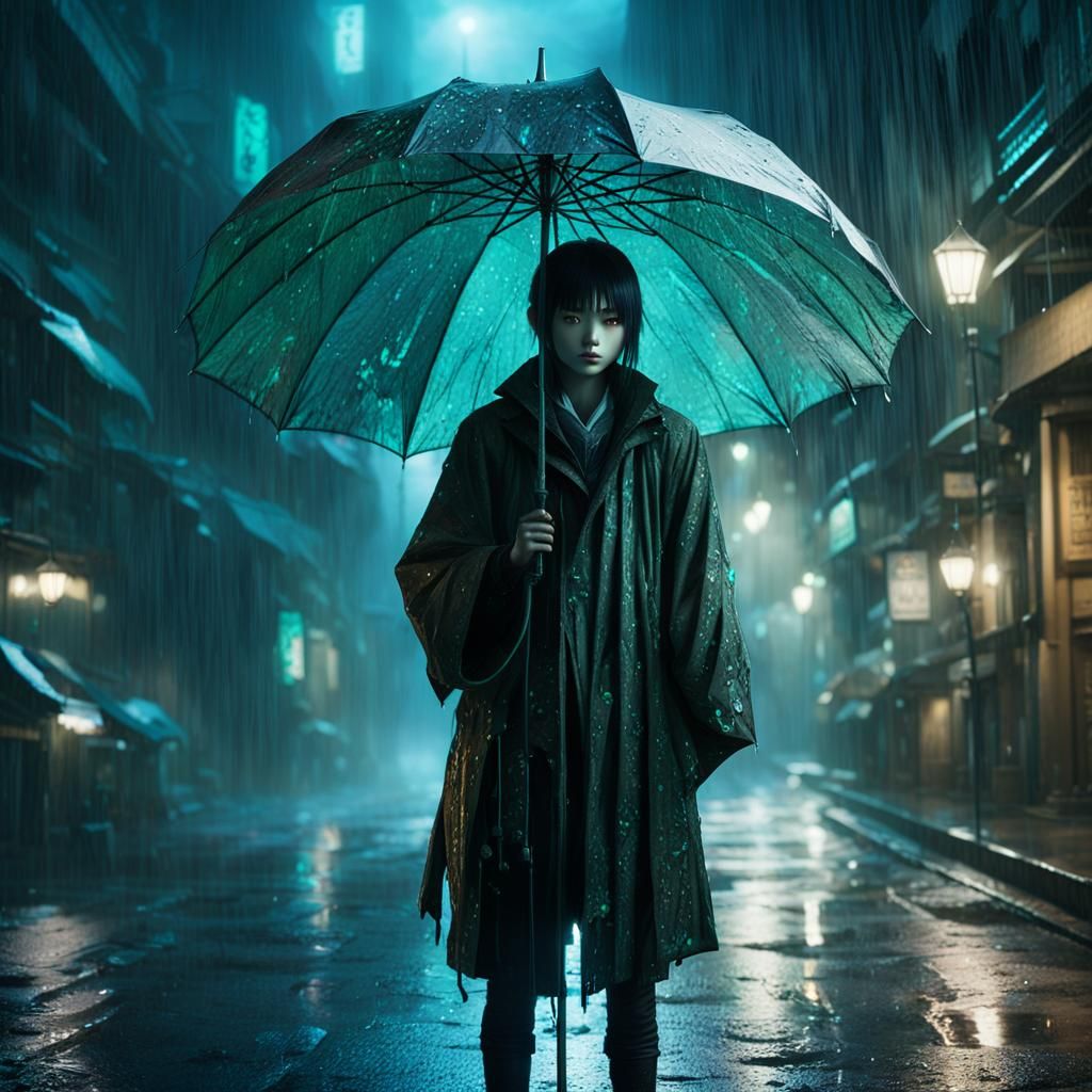 Ethereal Spirit in Rainy Anime Art Style