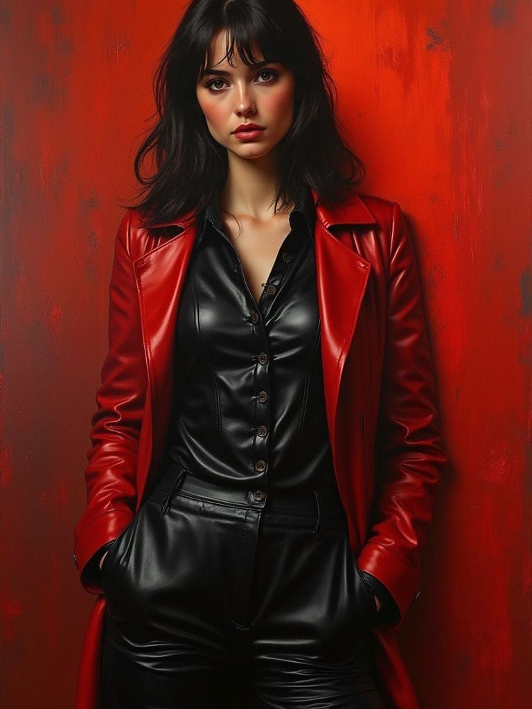 Stunning Woman in Red Coat: Oil Painting Art