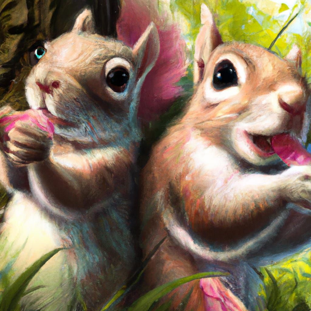 Hyperrealistic Chibi Squirrels Enjoying Treats in Park