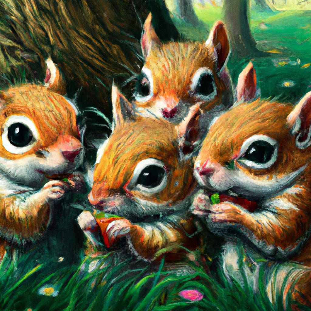 Hyperrealistic Chibi Squirrels Enjoying Treats in Park