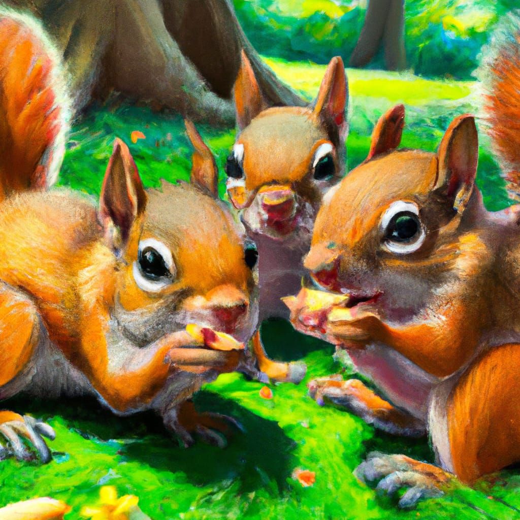 Hyperrealistic Chibi Squirrels Enjoying Treats in Park