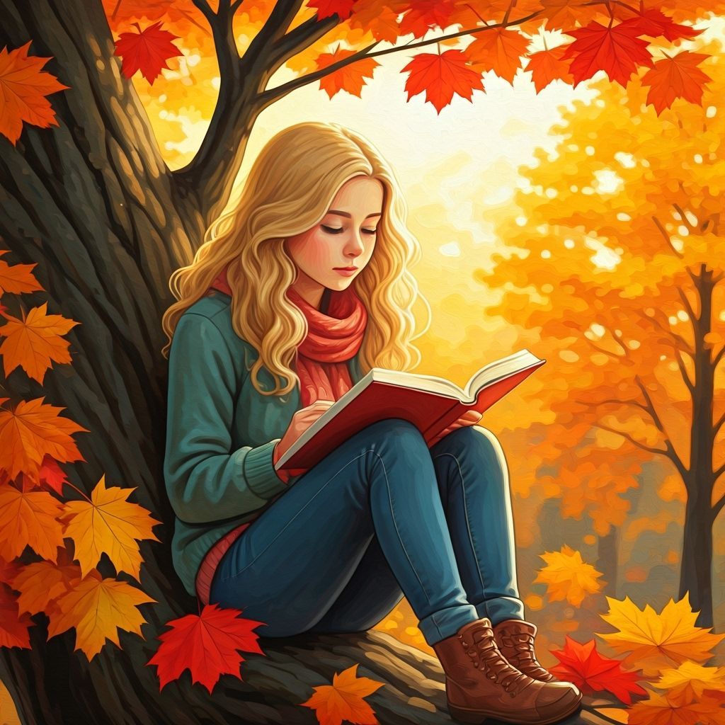 Girl Reading in Autumn Maple Tree, Gouache Style