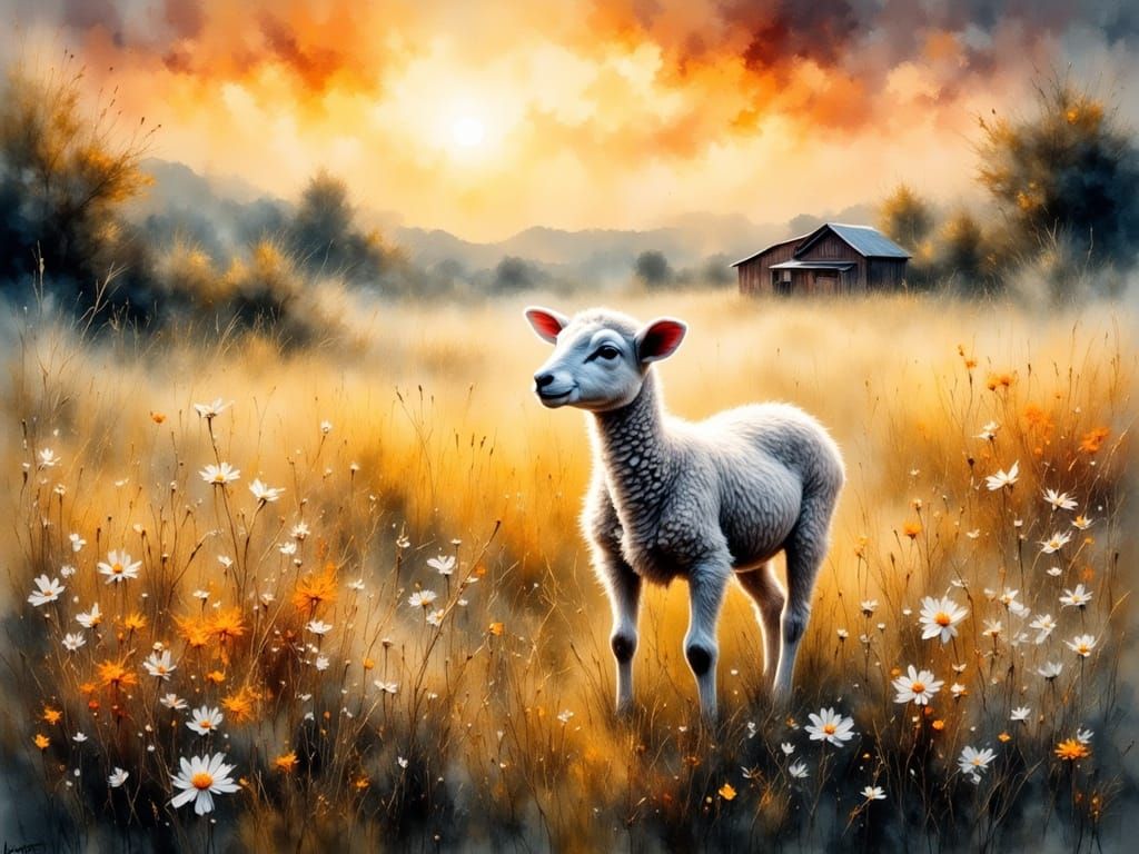 Vibrant Sunset Scene of a Cute Lamb in a Field of Flowers