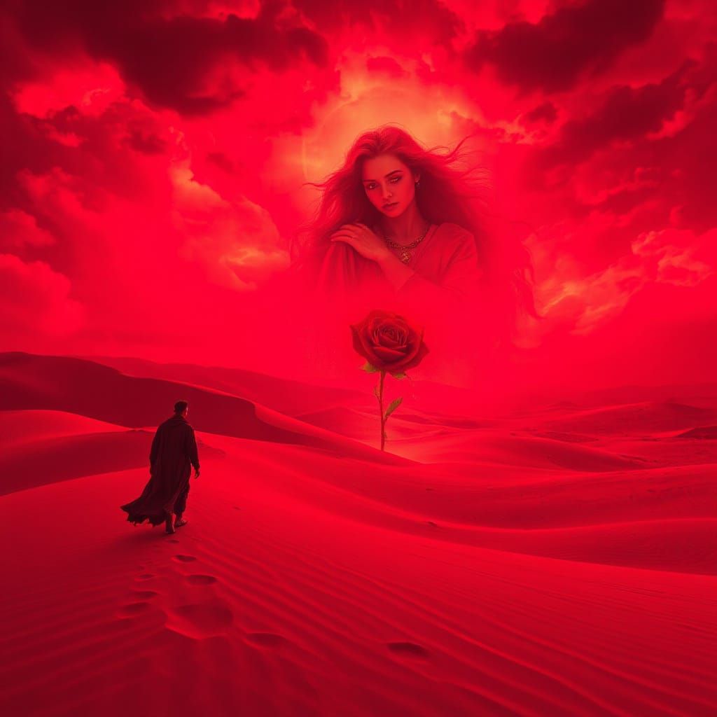 Crimson Desert Wanderer and Goddess in Surreal Landscape