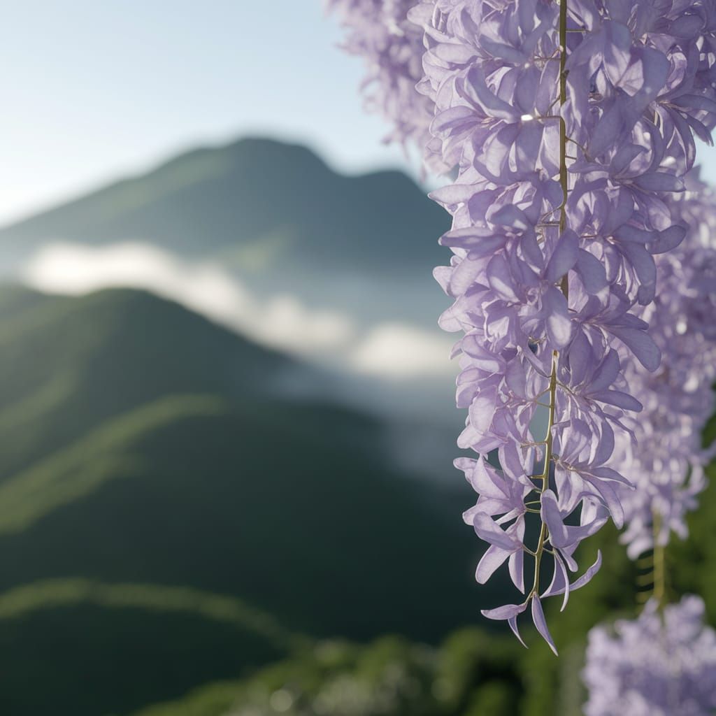 Wisteria Blossoms and Misty Mountains