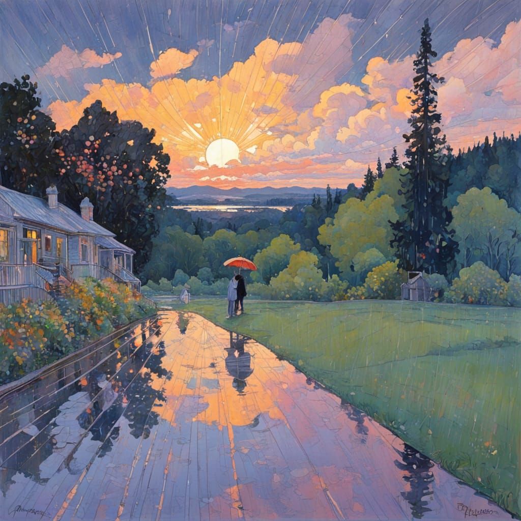 Summer Rain Shower: Expressive Modern Illustration