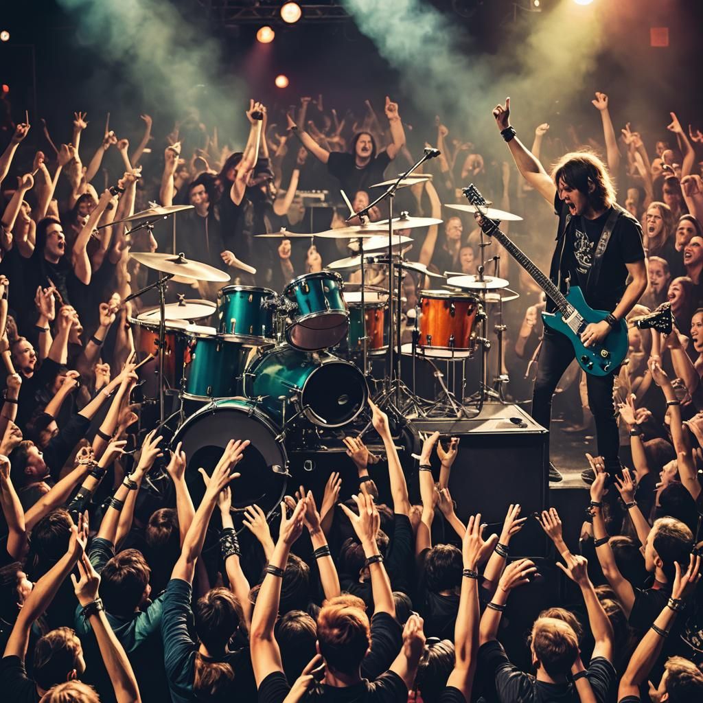 Rock Band on Stage with Pyrotechnics