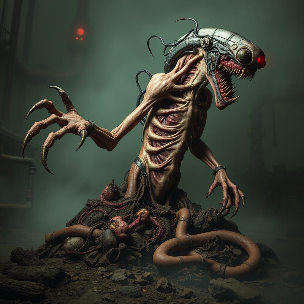 Grotesque Biomechanical Horror Emerging from Decay