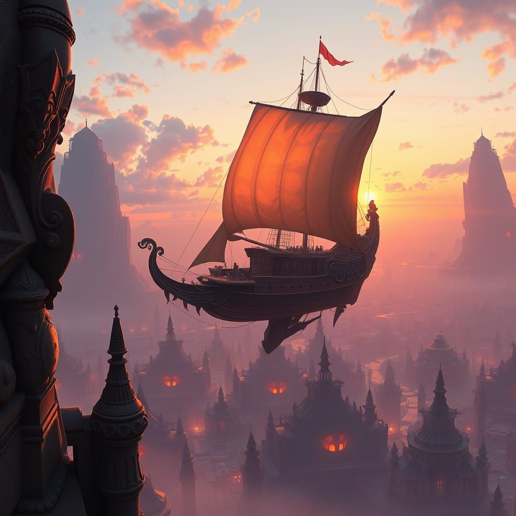 Majestic Ship Over Fantasy Cityscape at Dusk