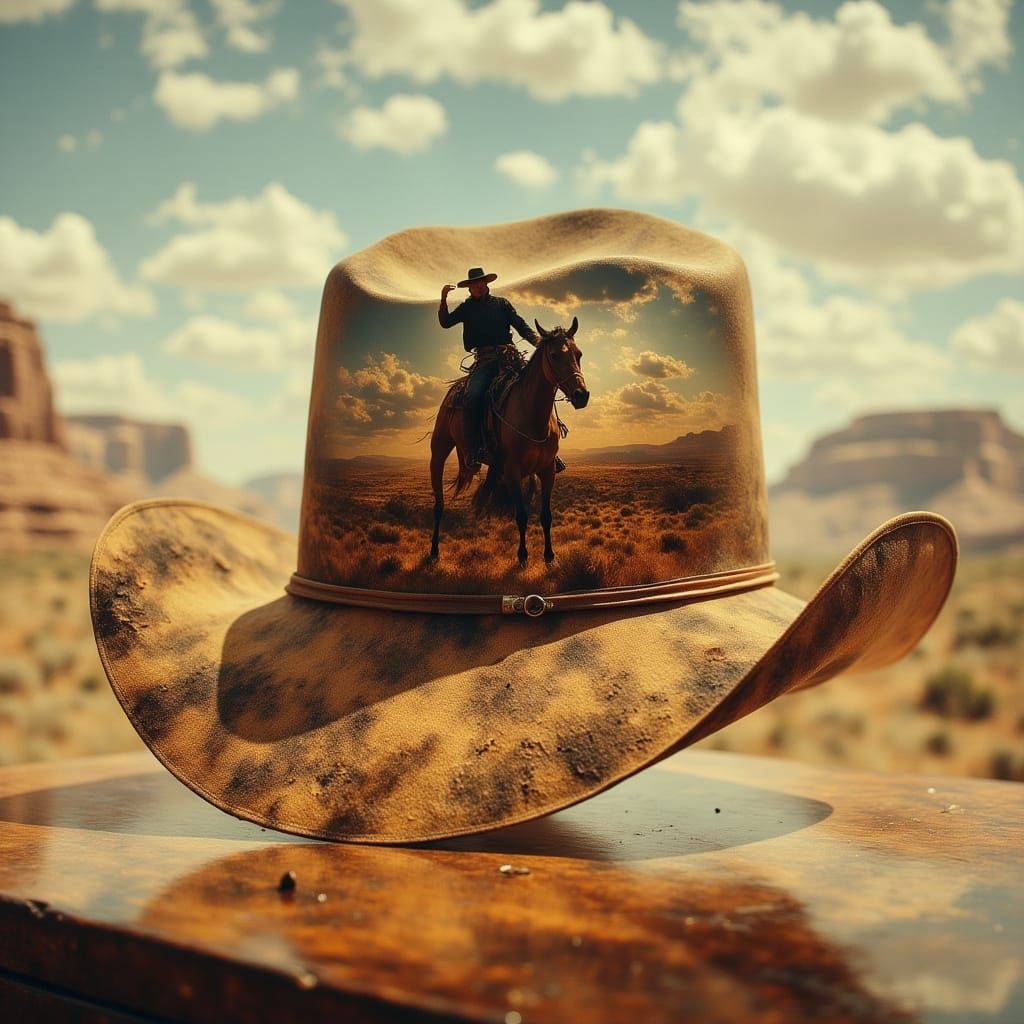 Surreal Double Exposure Cowboy Hat with Riding Scene
