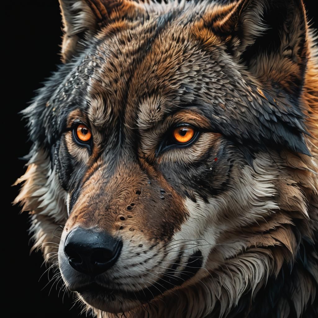 Dramatic Wolf Portrait in Hyperrealistic Style
