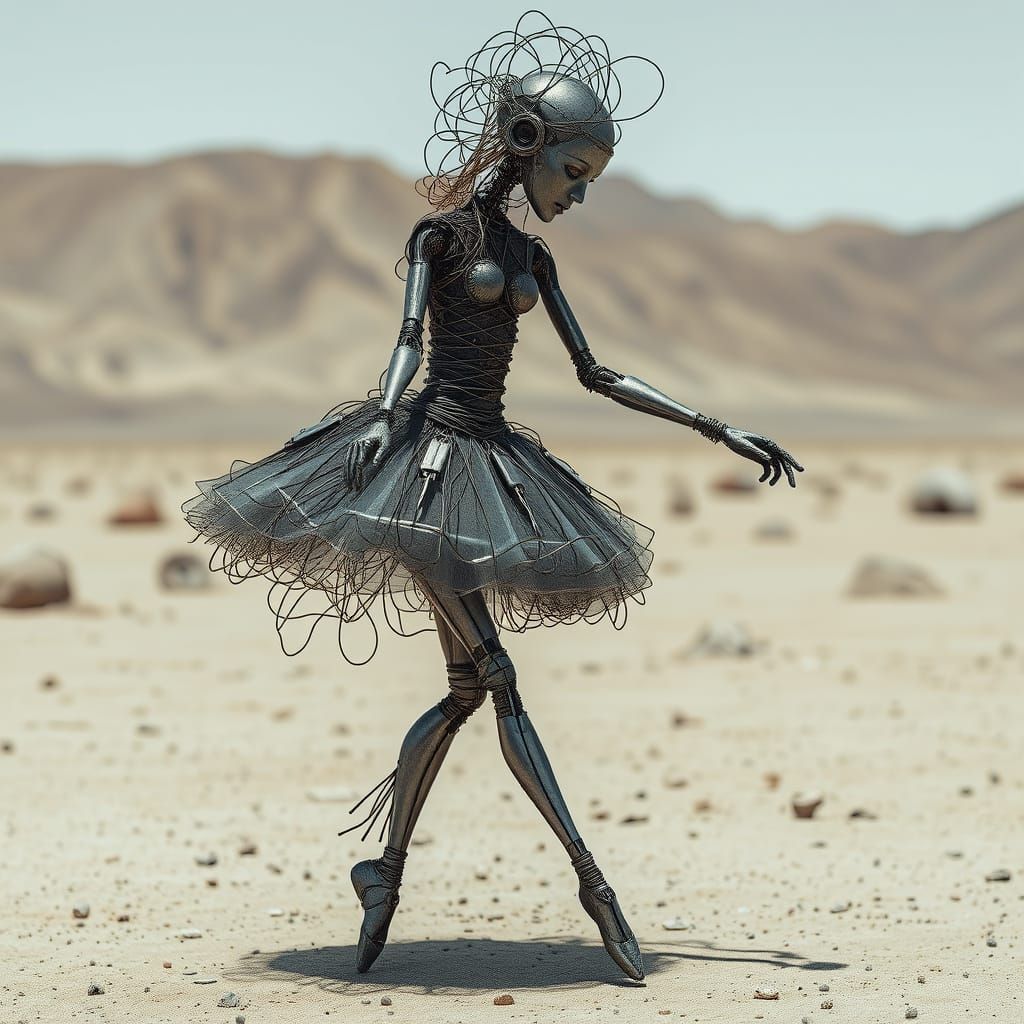 Mechanical Ballerina Dances in Surreal Landscape