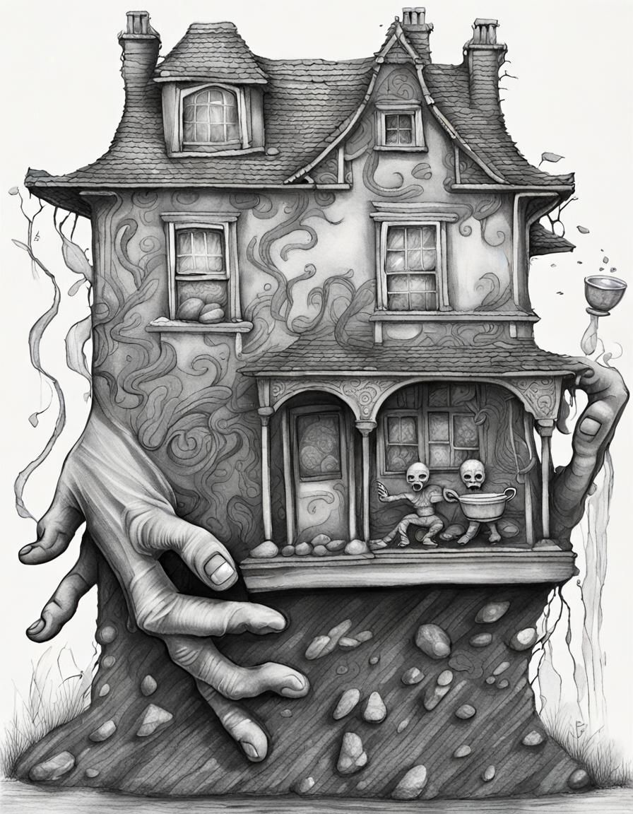 Surreal Teacup House in Whimsical Digital Art Style