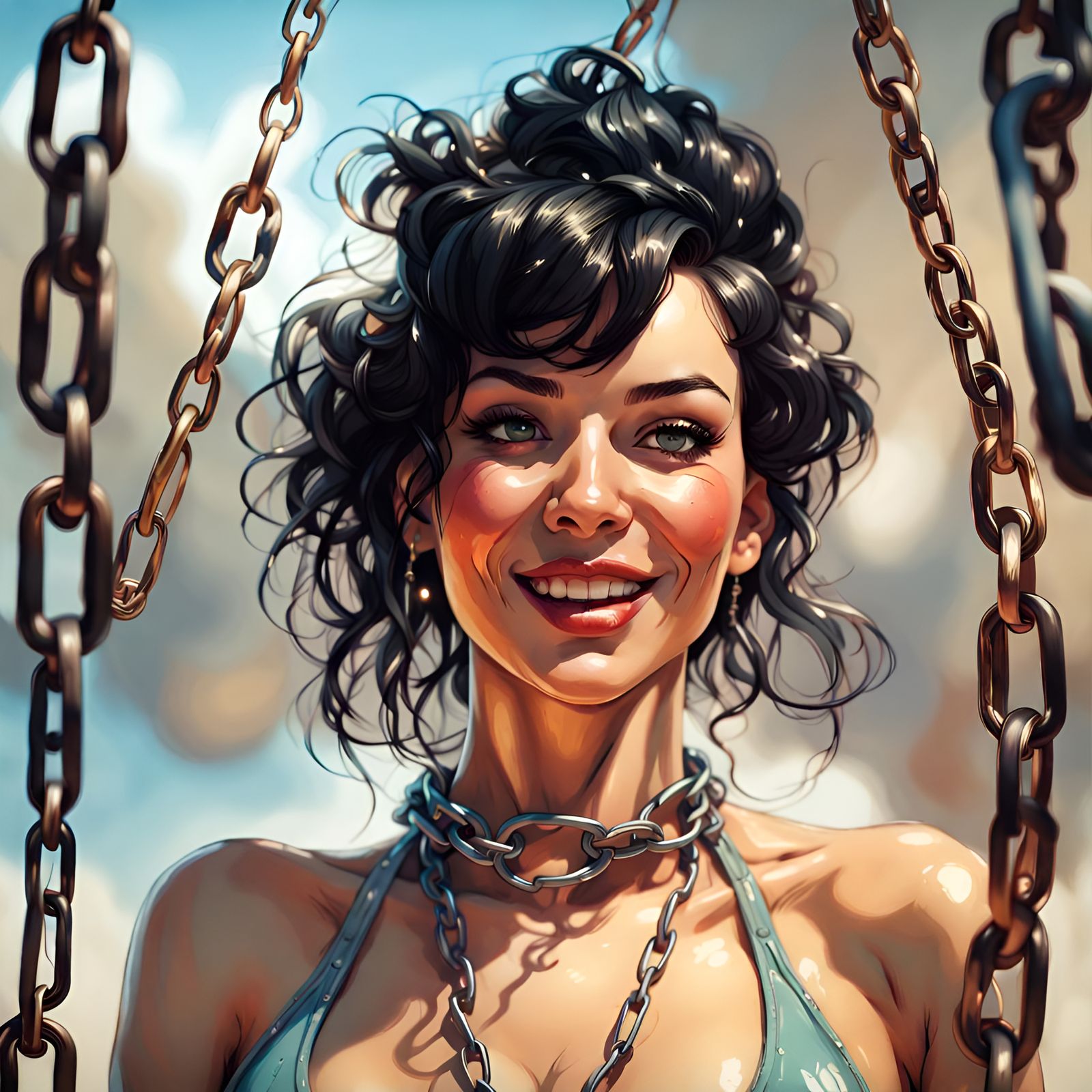 Smiling Woman in Chain Bikini, Digital Illustration