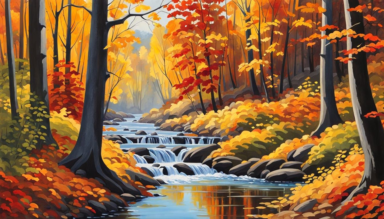 Autumn Forest Water Stream Gouache Painting