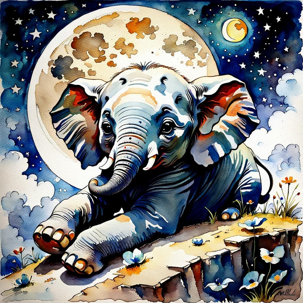 Newborn Elephant Asleep on Moon, Watercolor Style
