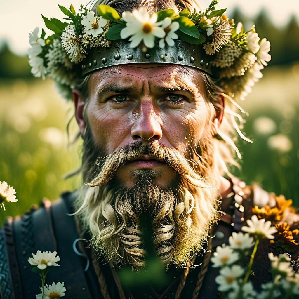 Viking Man with Flower Crown in Lush Meadow