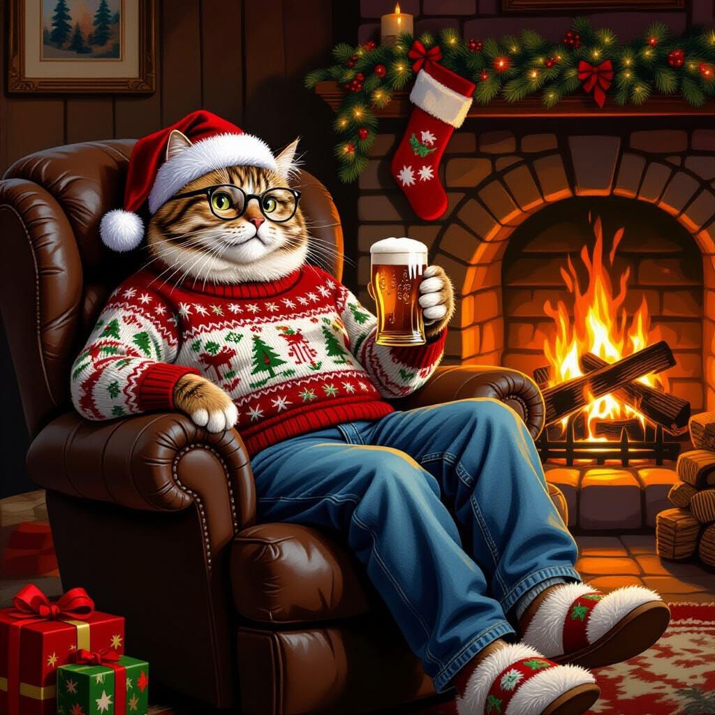 Boomer Cat in Ugly Sweater by Fireplace