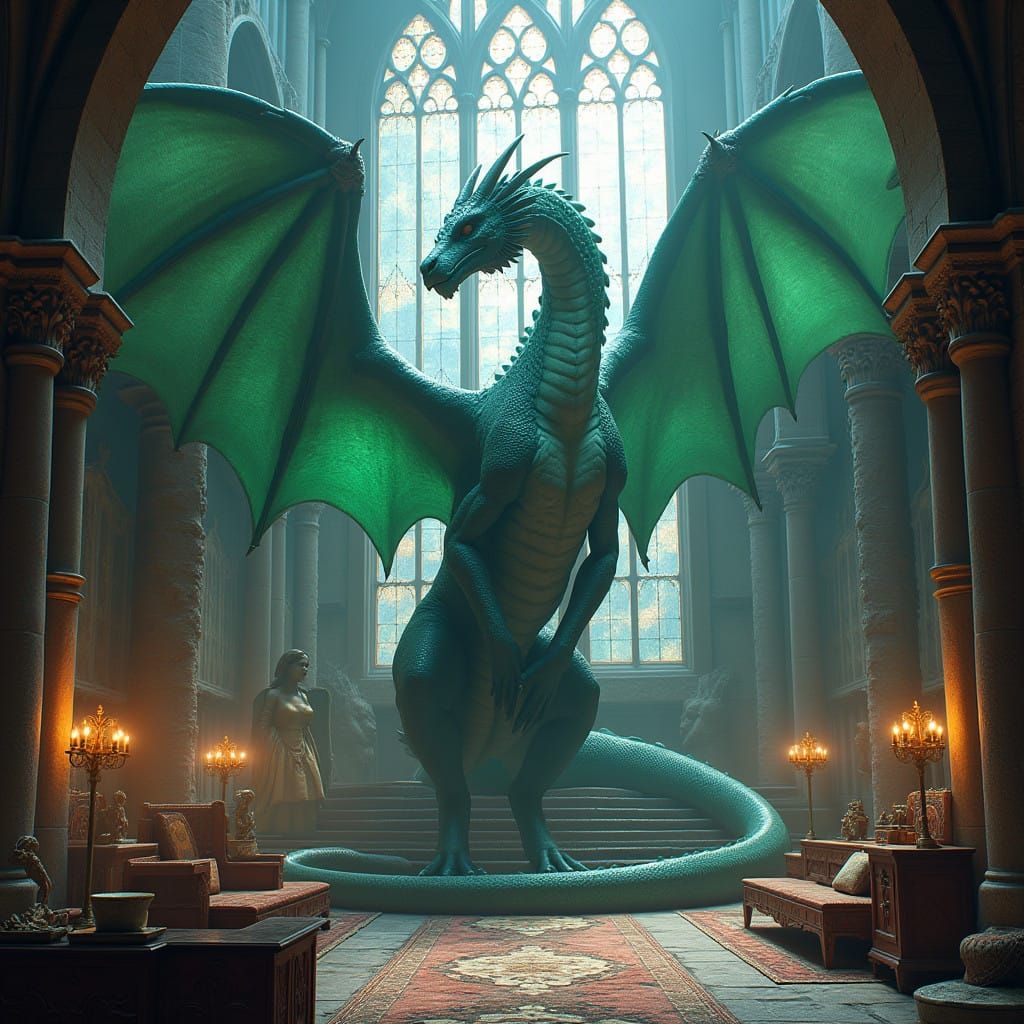 Medieval Castle with Majestic Dragon in Grand Hall