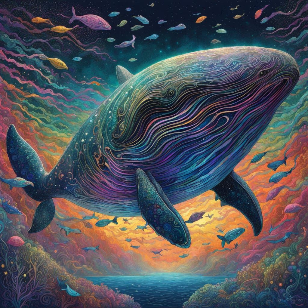 Ribboned Whale in Underwater Mosaic: Sci-Fi Fantasy