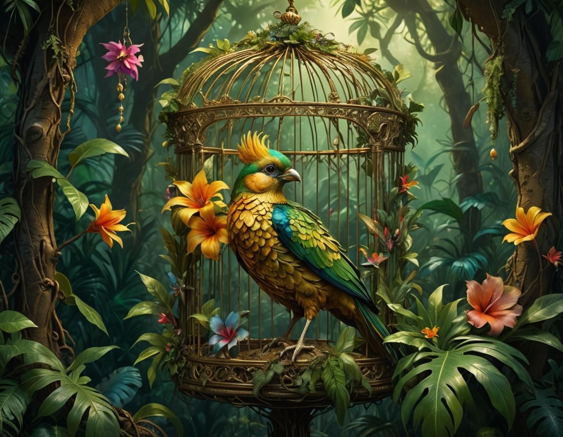 Gilded Cage: Iridescent Bird in Tropical Jungle