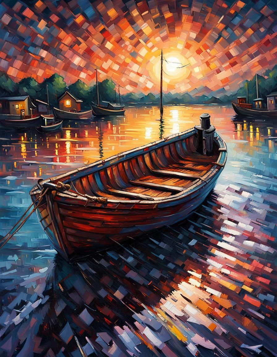 Boat on Stormy Sea: Expressionist Impasto Painting