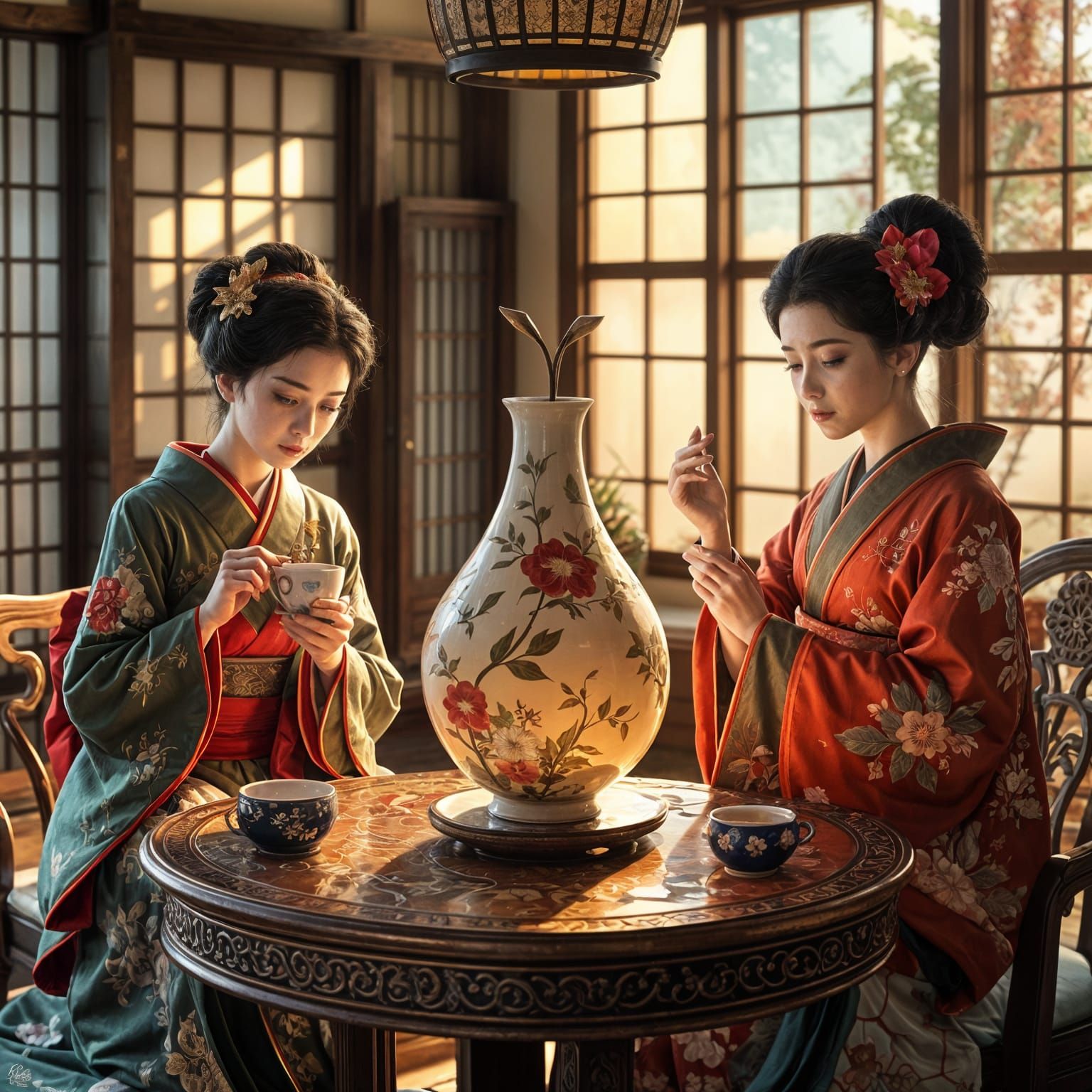 Geishas in Elegant Tea Ceremony Setting with Kintsugi Vase