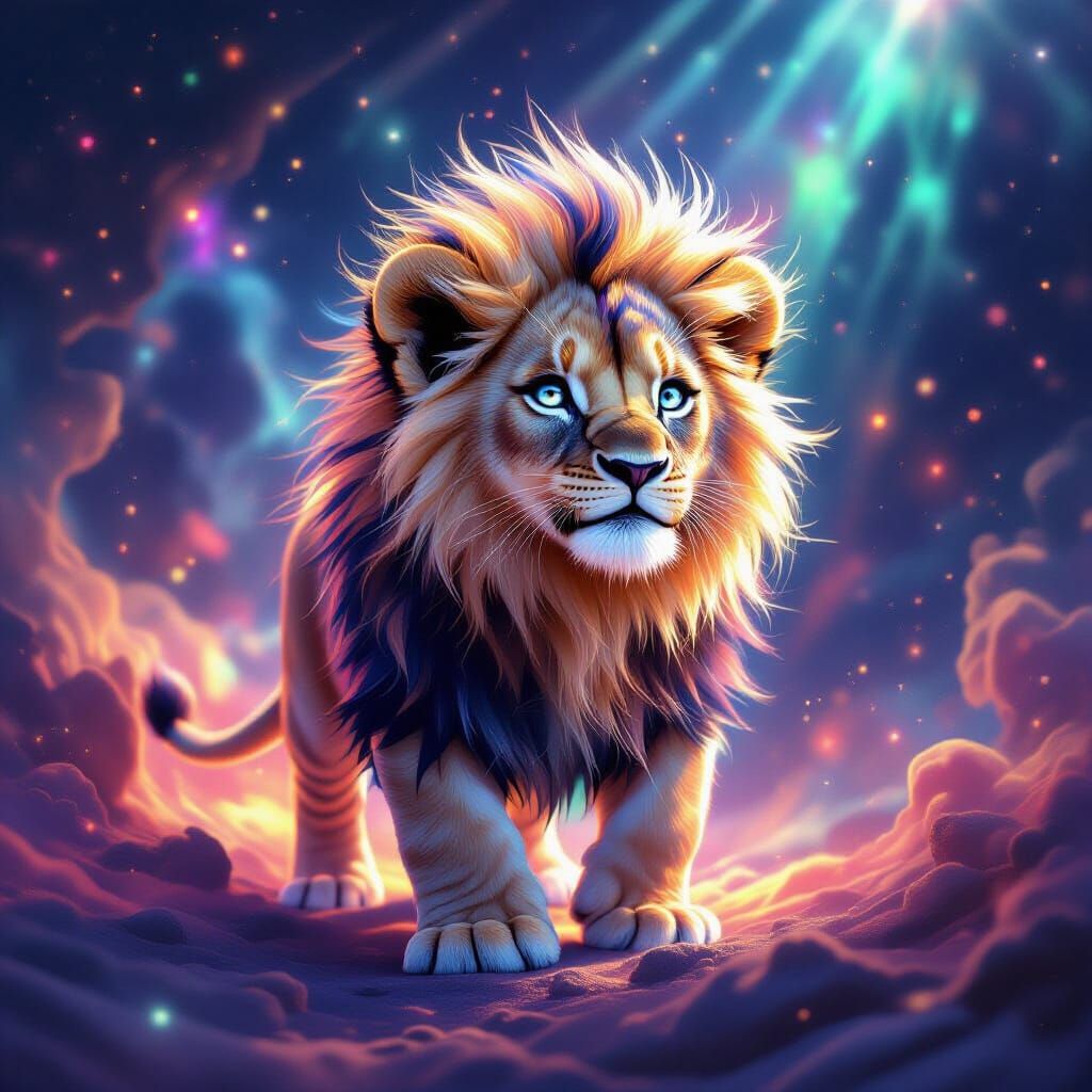 Majestic Baby Lion with Holographic Mane in Cosmic Nebula