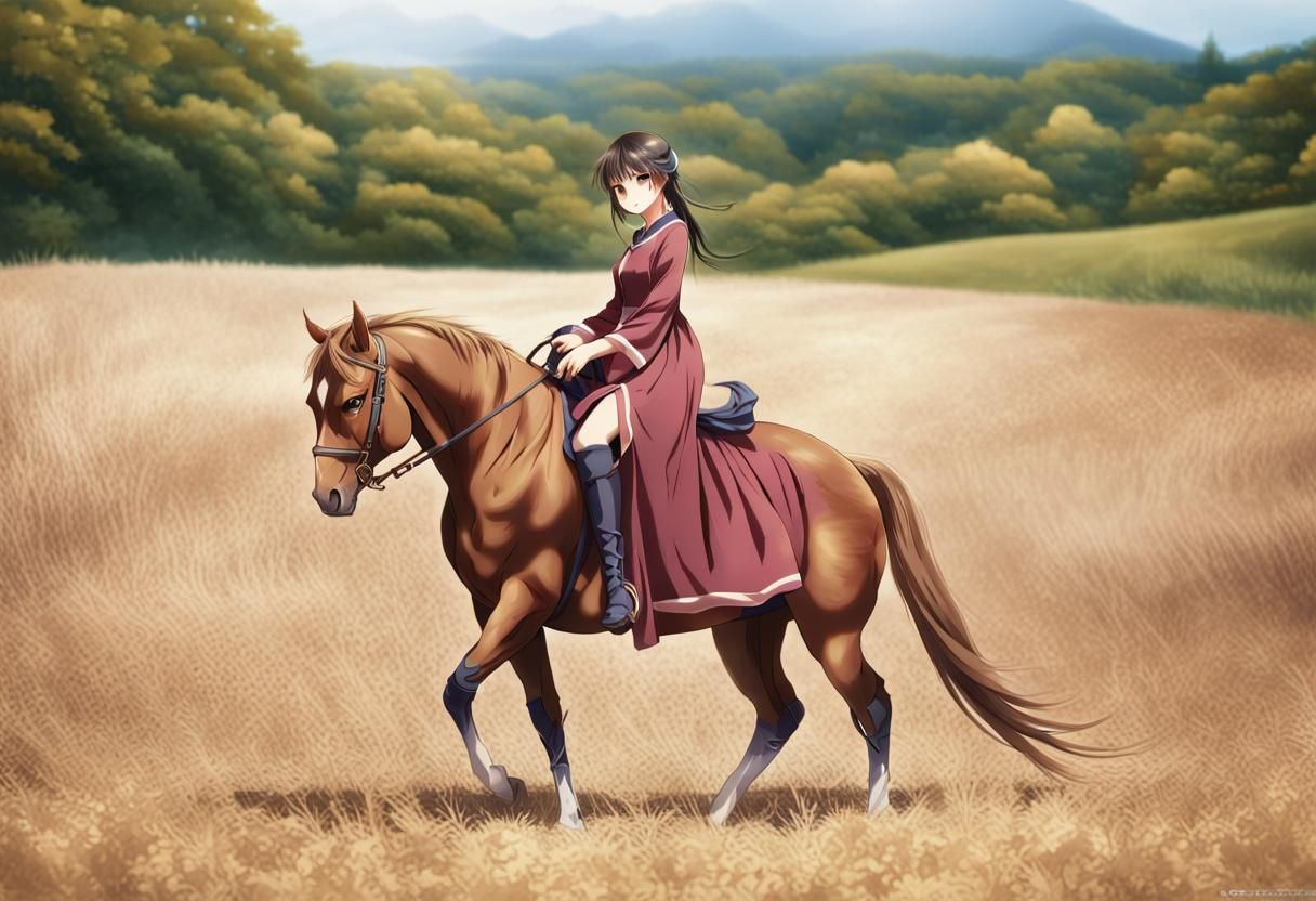 Anime Style Girl Riding a Horse