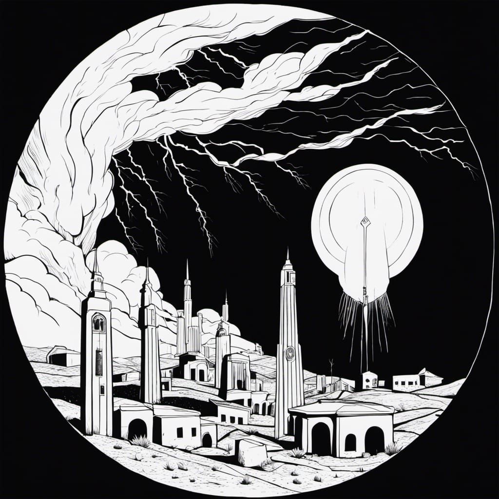 Surreal Desert City Ablaze with Lightning