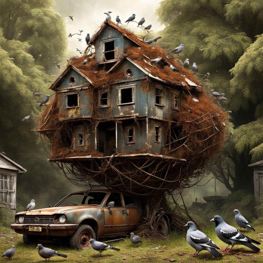 Surreal Birdhouse Over Nest in Dystopian Setting