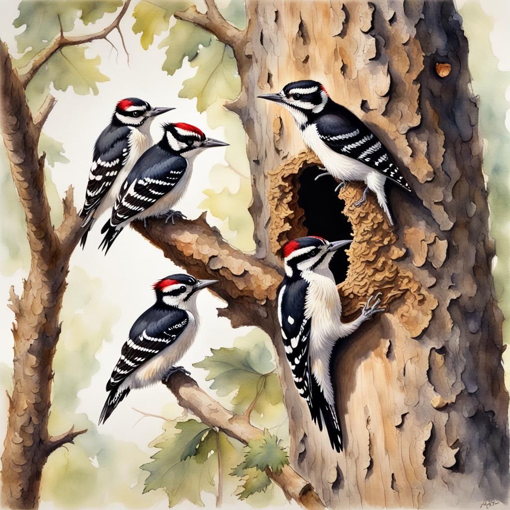 Downy Woodpecker Family Portrait in Watercolor